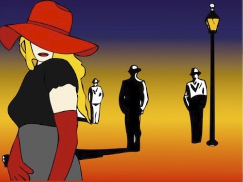 Sexwork is work - Sexarbeiterin mit rotem Hut vor der Laterne